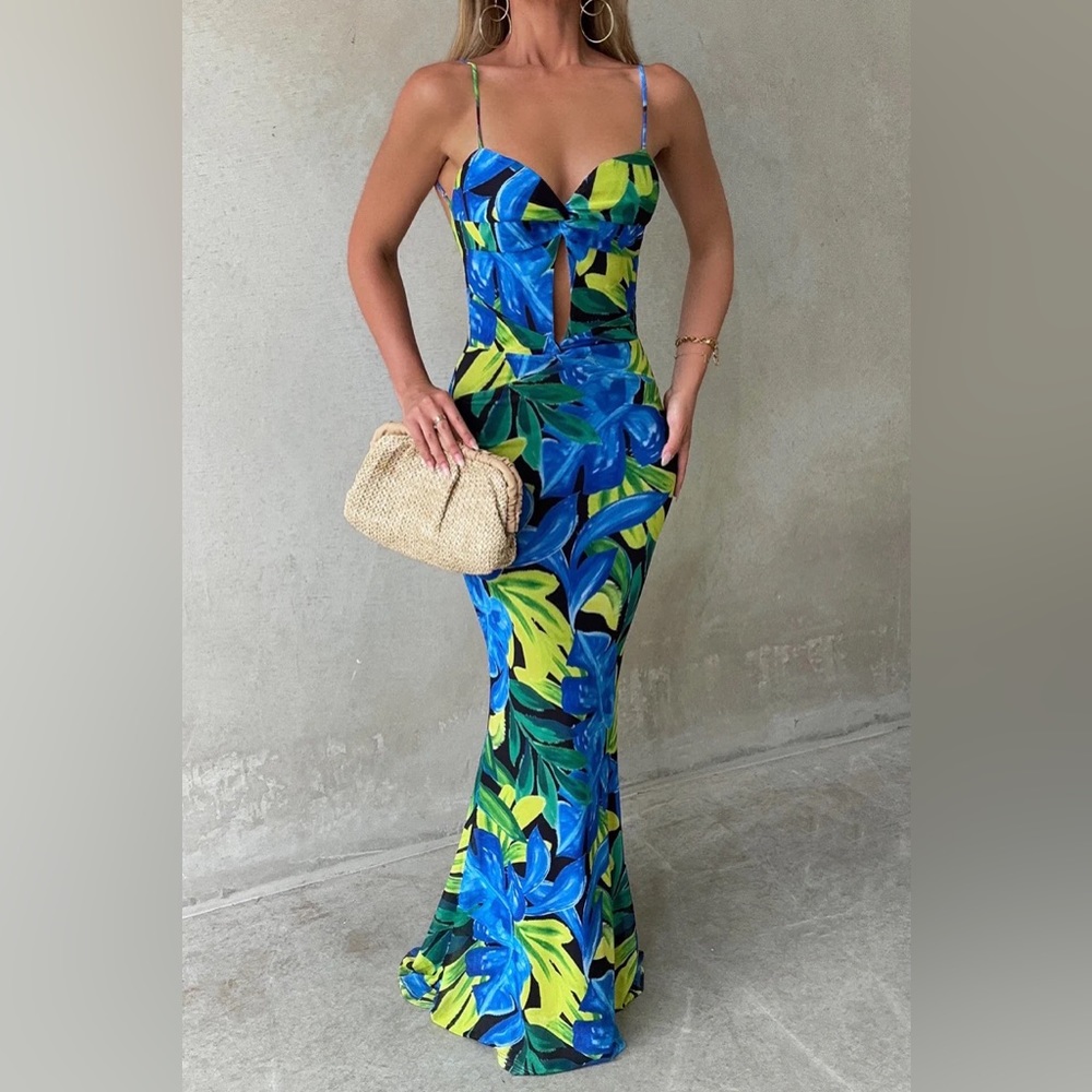 Hello Molly Blue & Green Tropical Cutout Maxi Dress